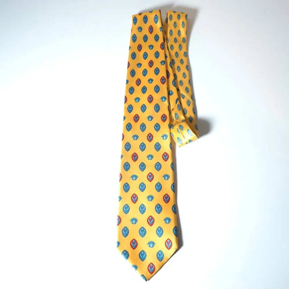 Gianni Versace Vintage Neck Tie Yellow Gold Medallion Logo Pattern